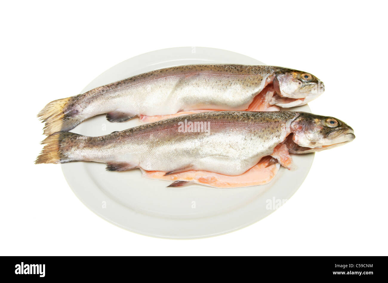 Two fresh rainbow trout on a plate isolated against white Stock Photo