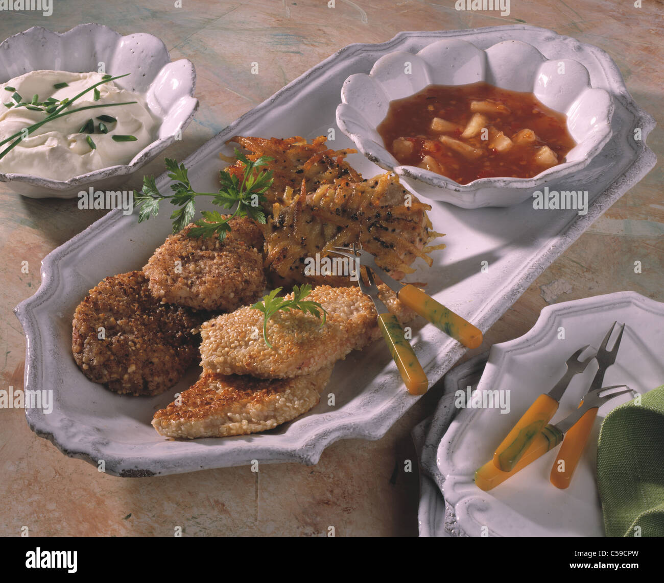 Three kinds of pork scallop with dip Stock Photo Alamy
