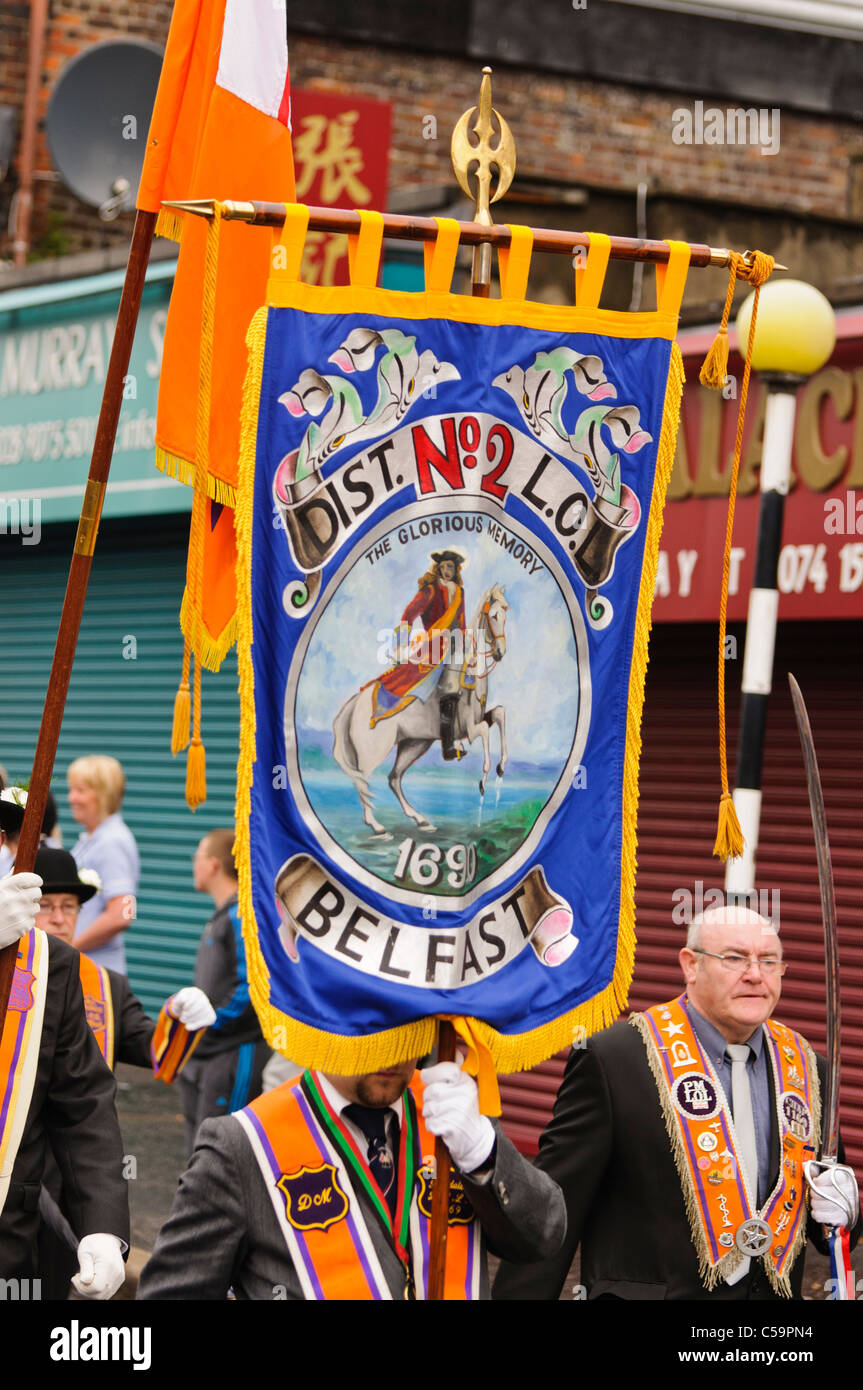 Banner for District No 2 at 12th July Orange Order celebrations, Belfast Stock Photo