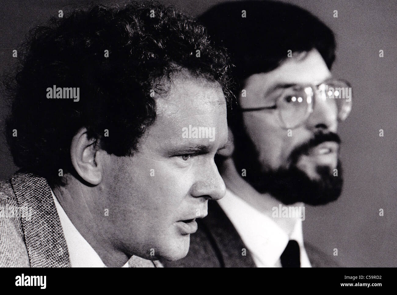 Sinn Fein politicians Martin MacGuiness and Gerry Adams in Belfast, Ulster, Northern Ireland, 1988 Stock Photo