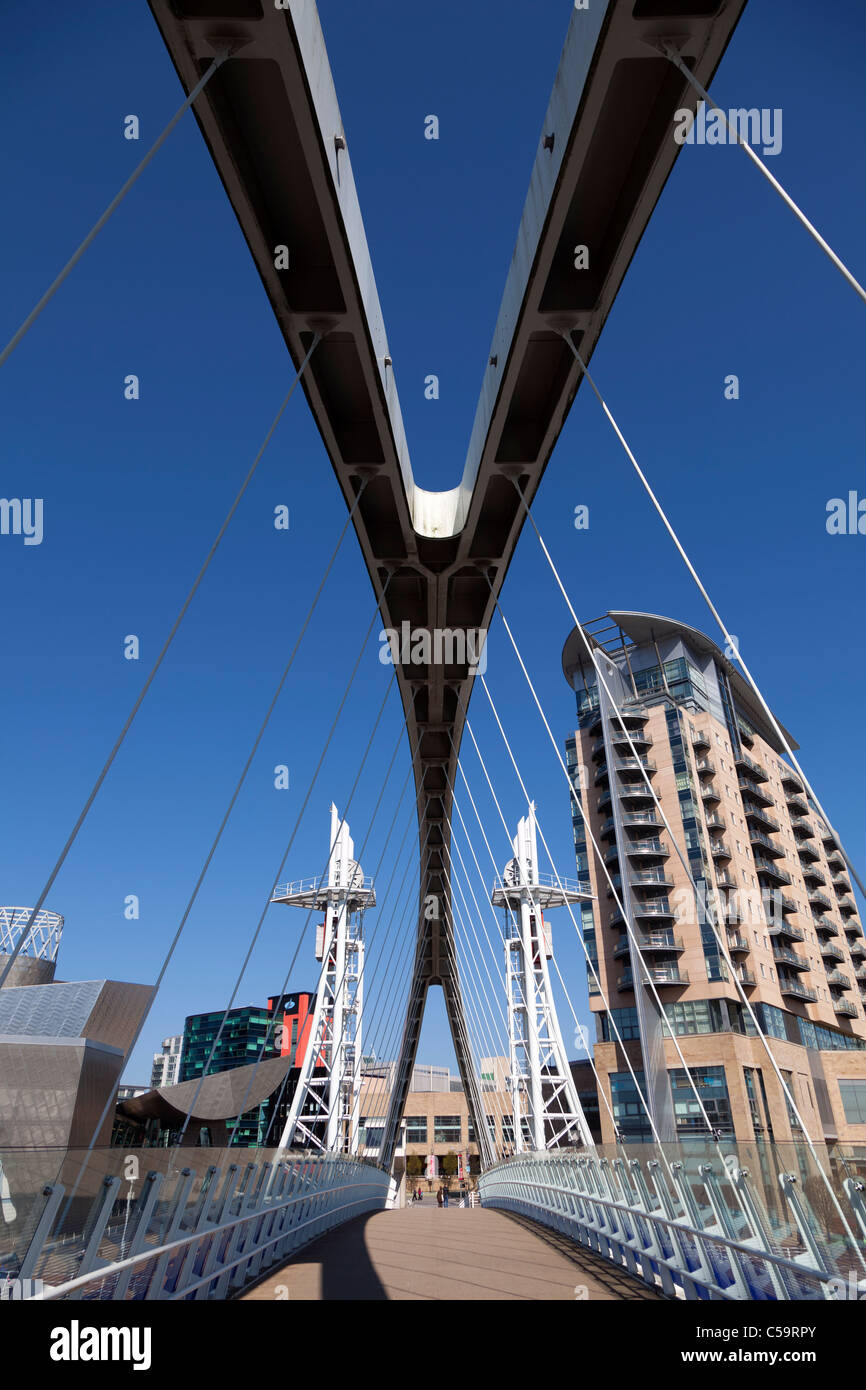 Low angle view of Lowry Bridge, Salford quays, Greater Manchester, England Stock Photo