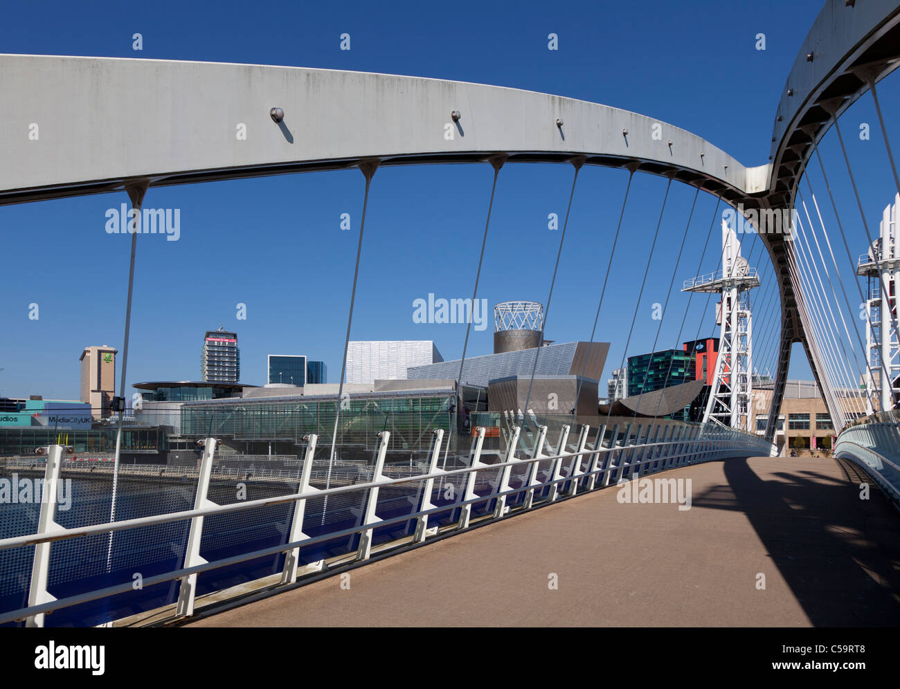 Low angle view of Lowry Bridge, Salford quays, Greater Manchester, England Stock Photo