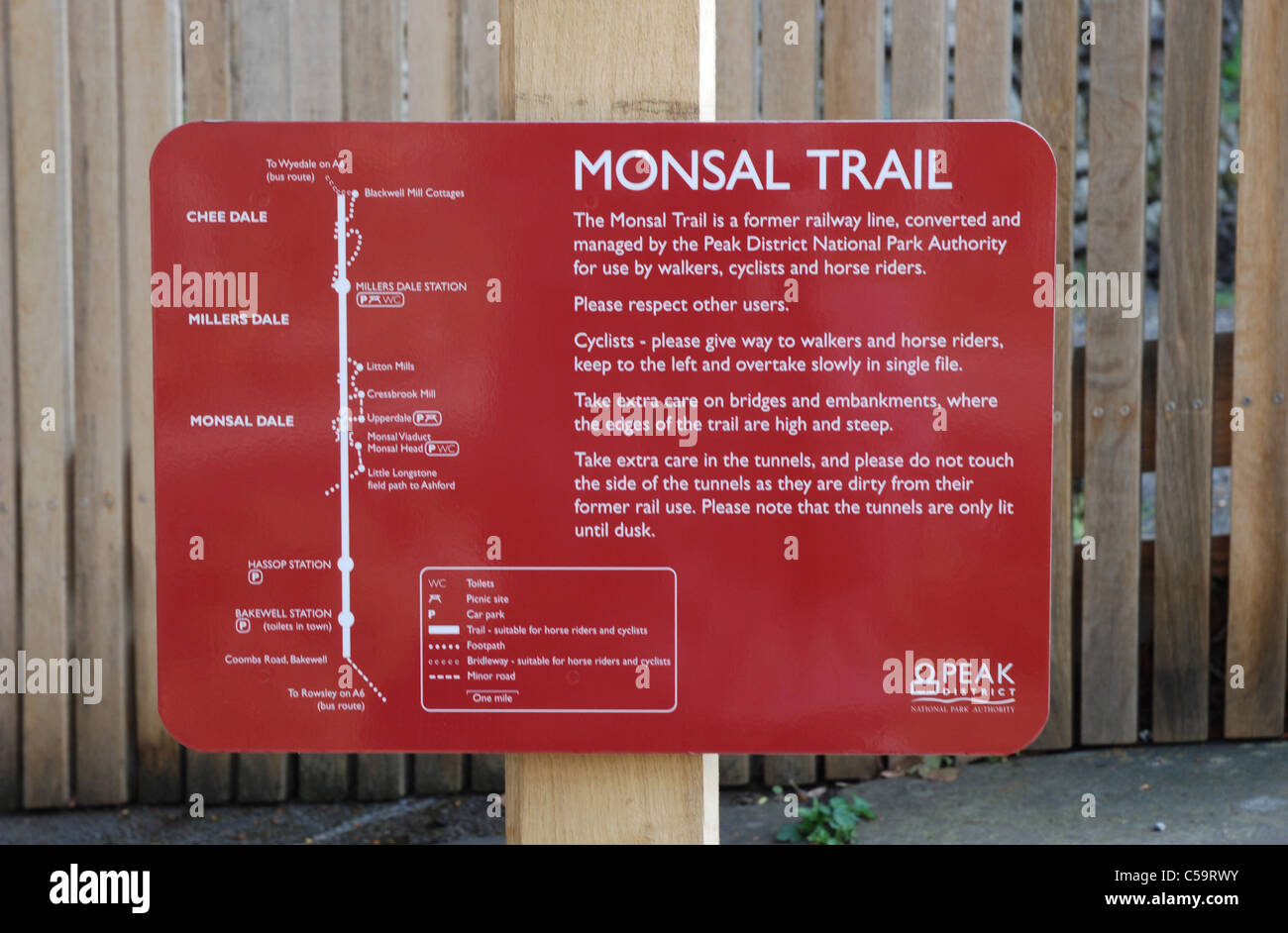 Signboard at great Longstone railway station on the Monsal trail Derbyshire England Stock Photo