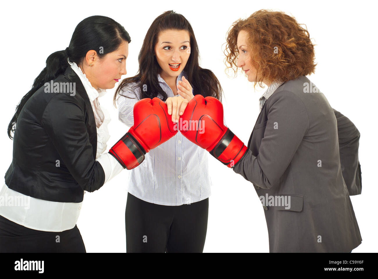 Referee executive woman give start to business women competition with boxing gloves isolated on