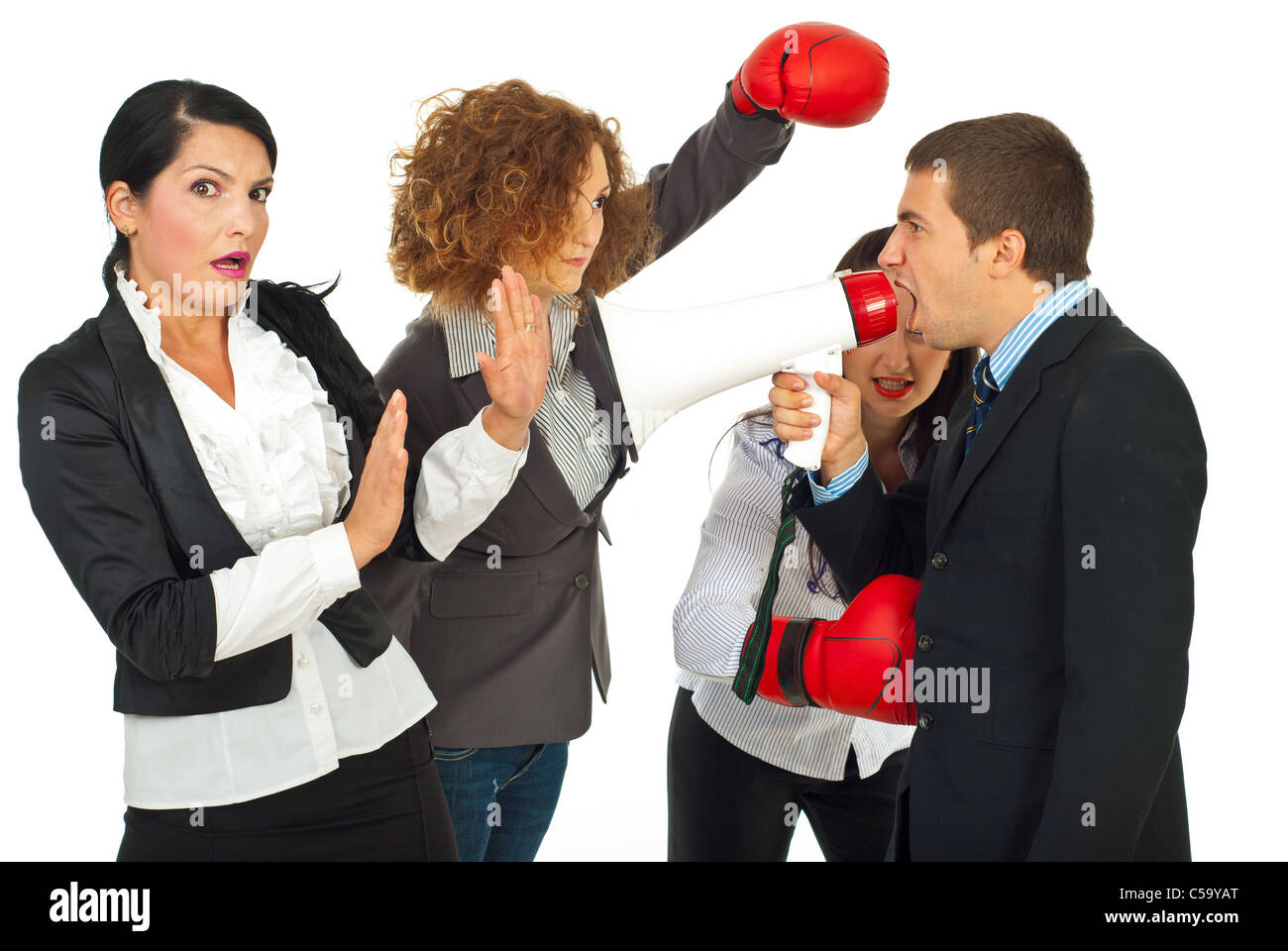 Furious manager man shouting into megaphone to scared woman and her ...