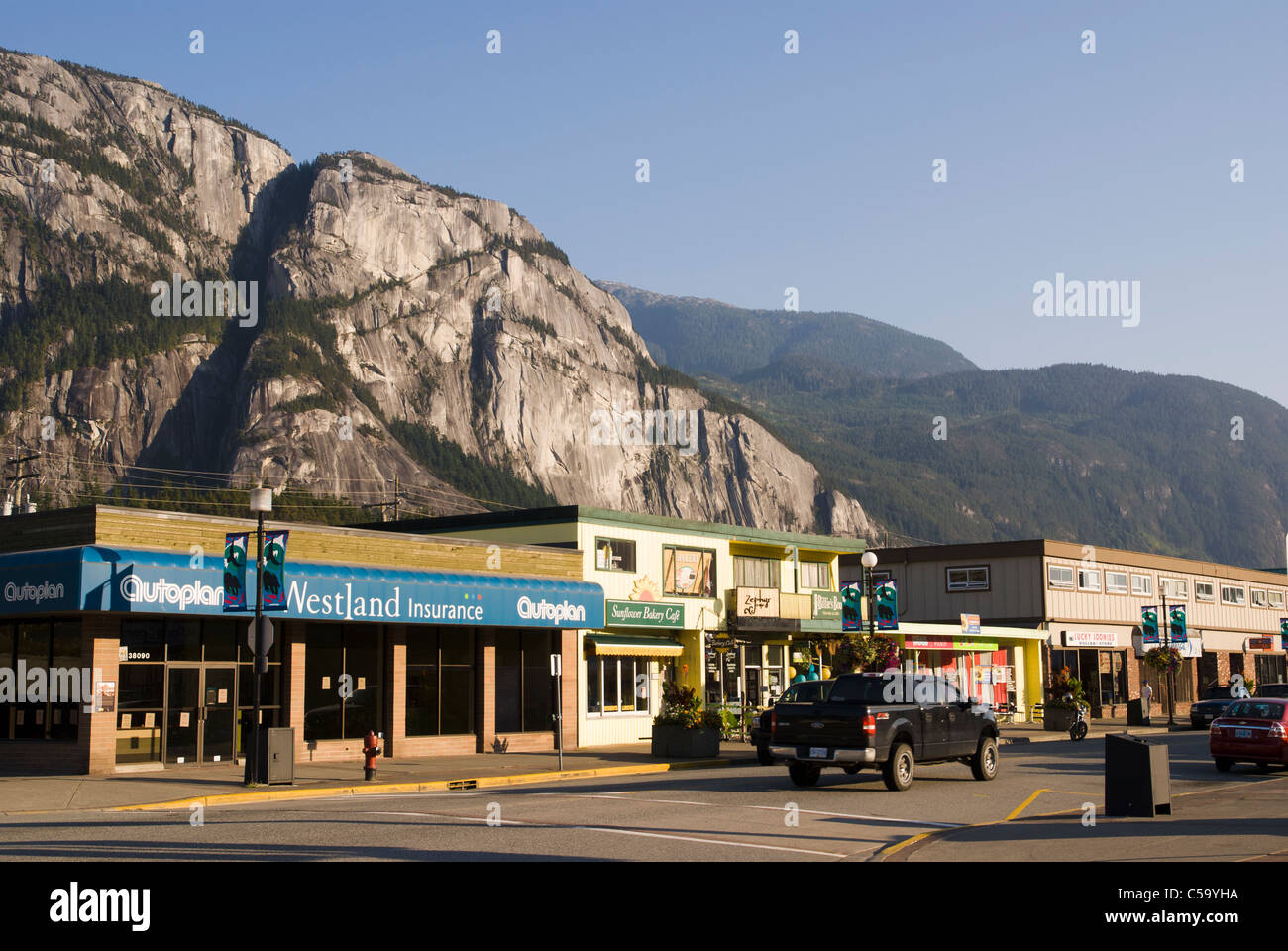 Downtown Squamish, with Squamish Chief in background. Stock Photo