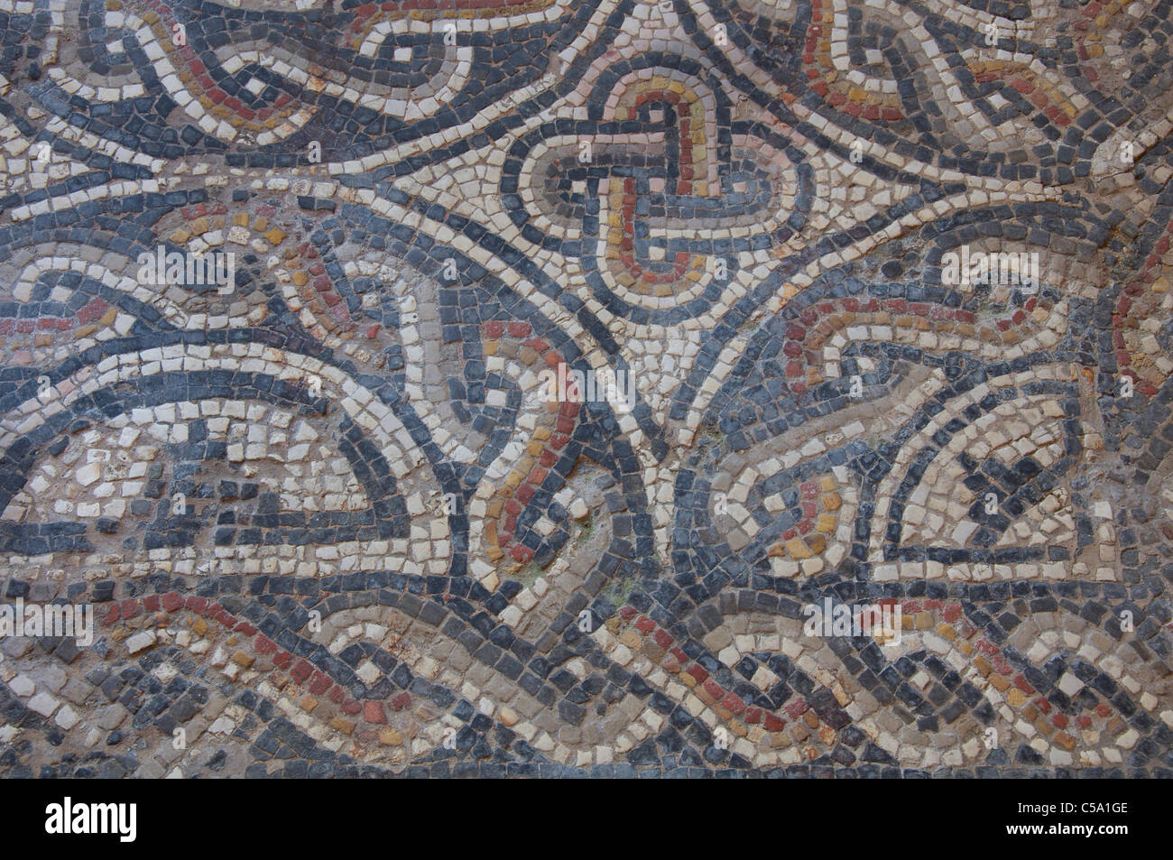 Detail of a Roman mosaic floor in the preserved remains of a 4th century Romano-British townhouse in Dorchester. Dorset, England, United Kingdom. Stock Photo