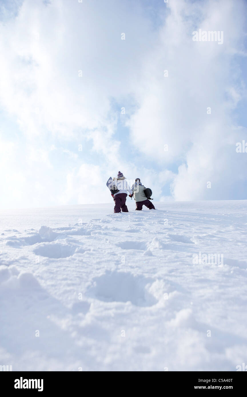Rear view of young man and woman standing on snowcapped land, holding ...
