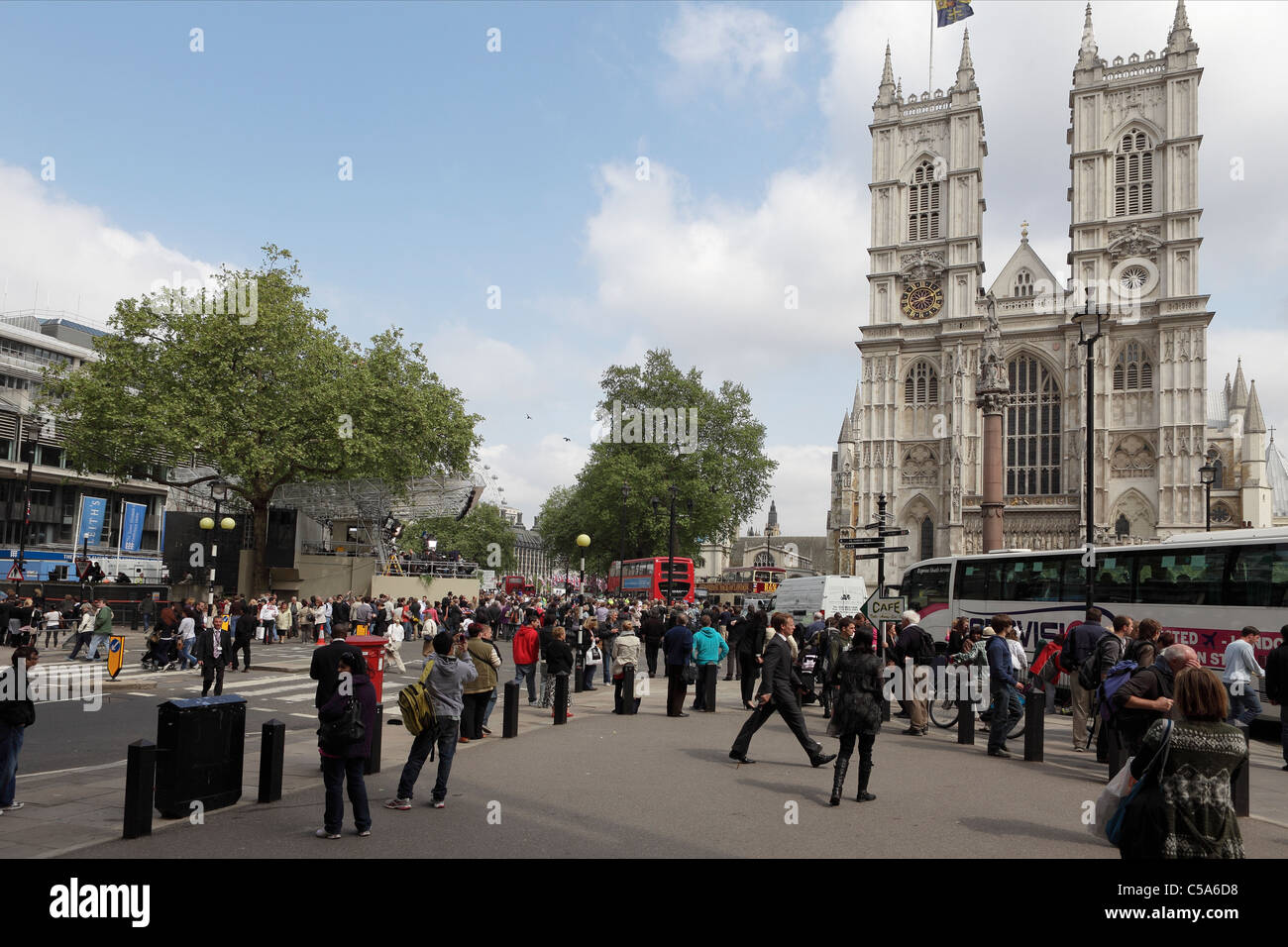 Crowds abound around Westminster Abbey on Thursday,the eve of The Royal Wedding in April 2011. Stock Photo