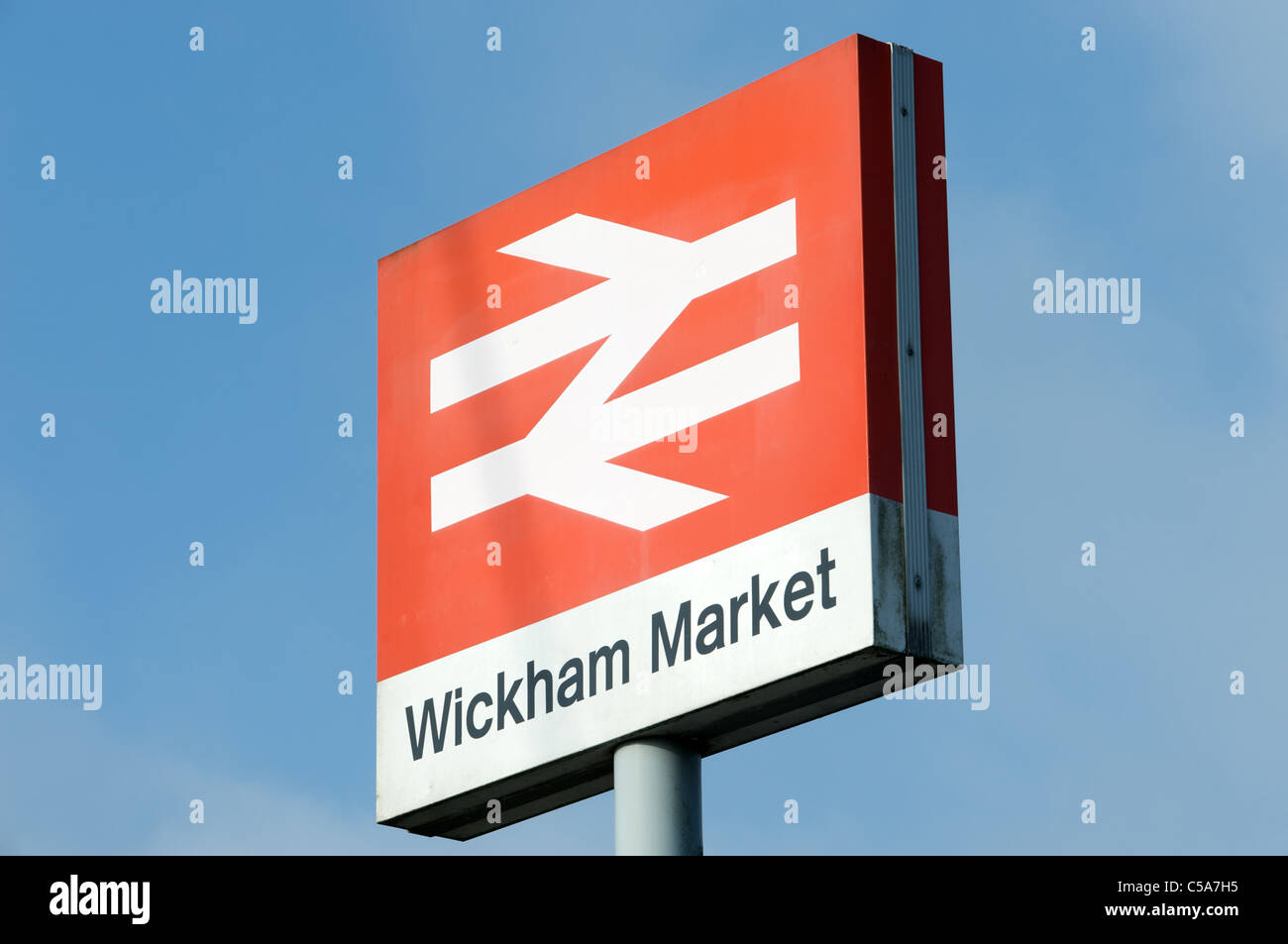 Wickham Market railway station sign on the East Suffolk branch line. Stock Photo