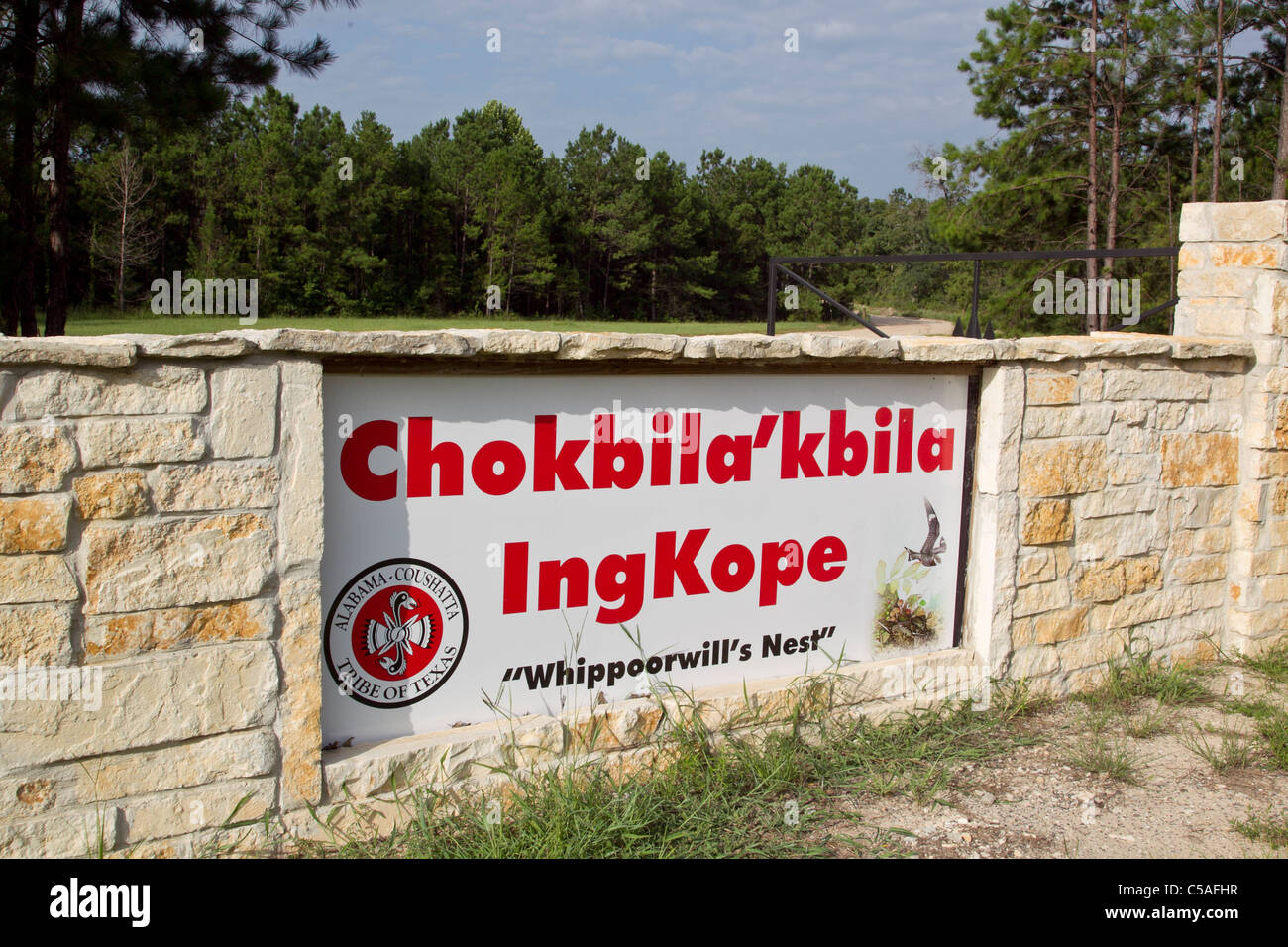 Sign outside of entrance to the Alabama Coushatta Indian tribe reservation in East Texas Stock Photo