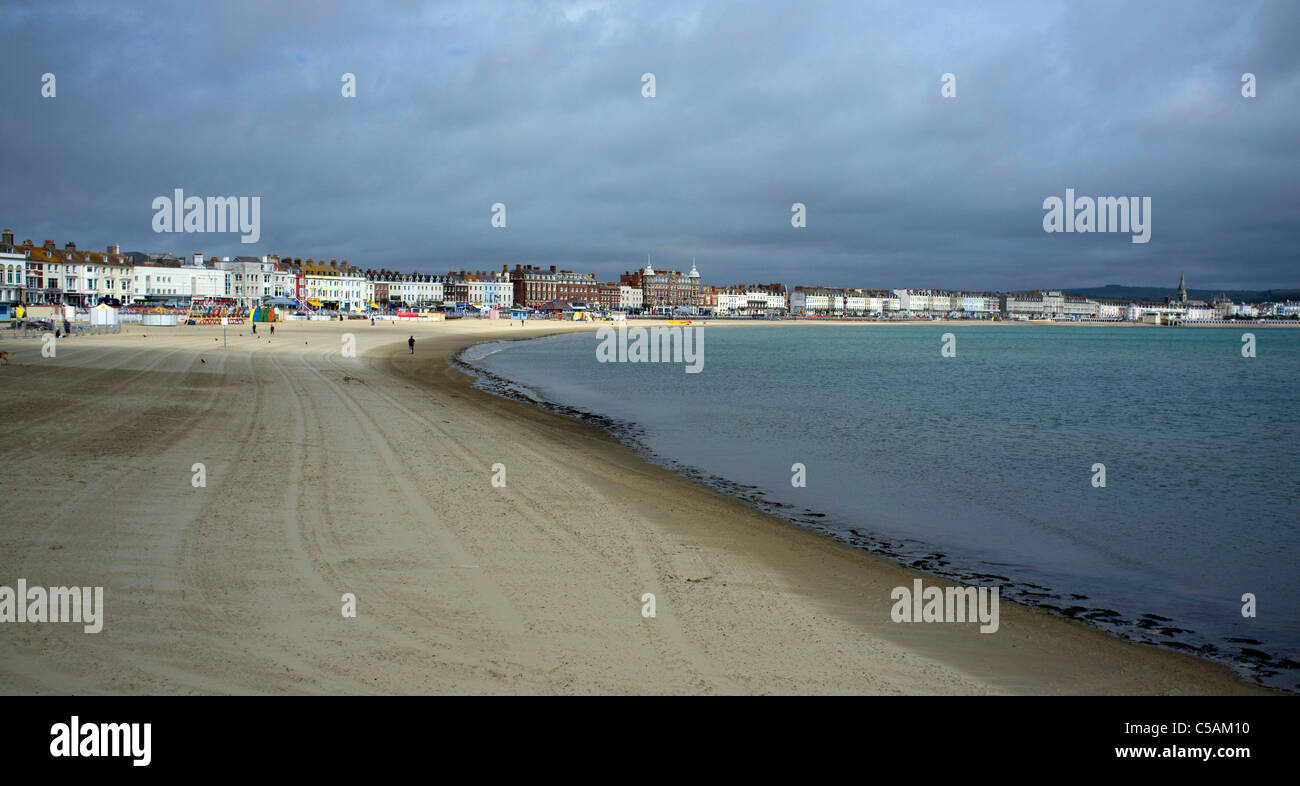 A panoramic view of Weymouth seafront and Beach, Dorset. UK Stock Photo