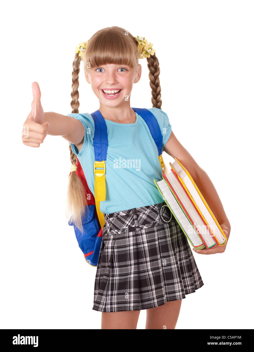 Schoolgirl with backpack holding stack of books Stock Photo - Alamy