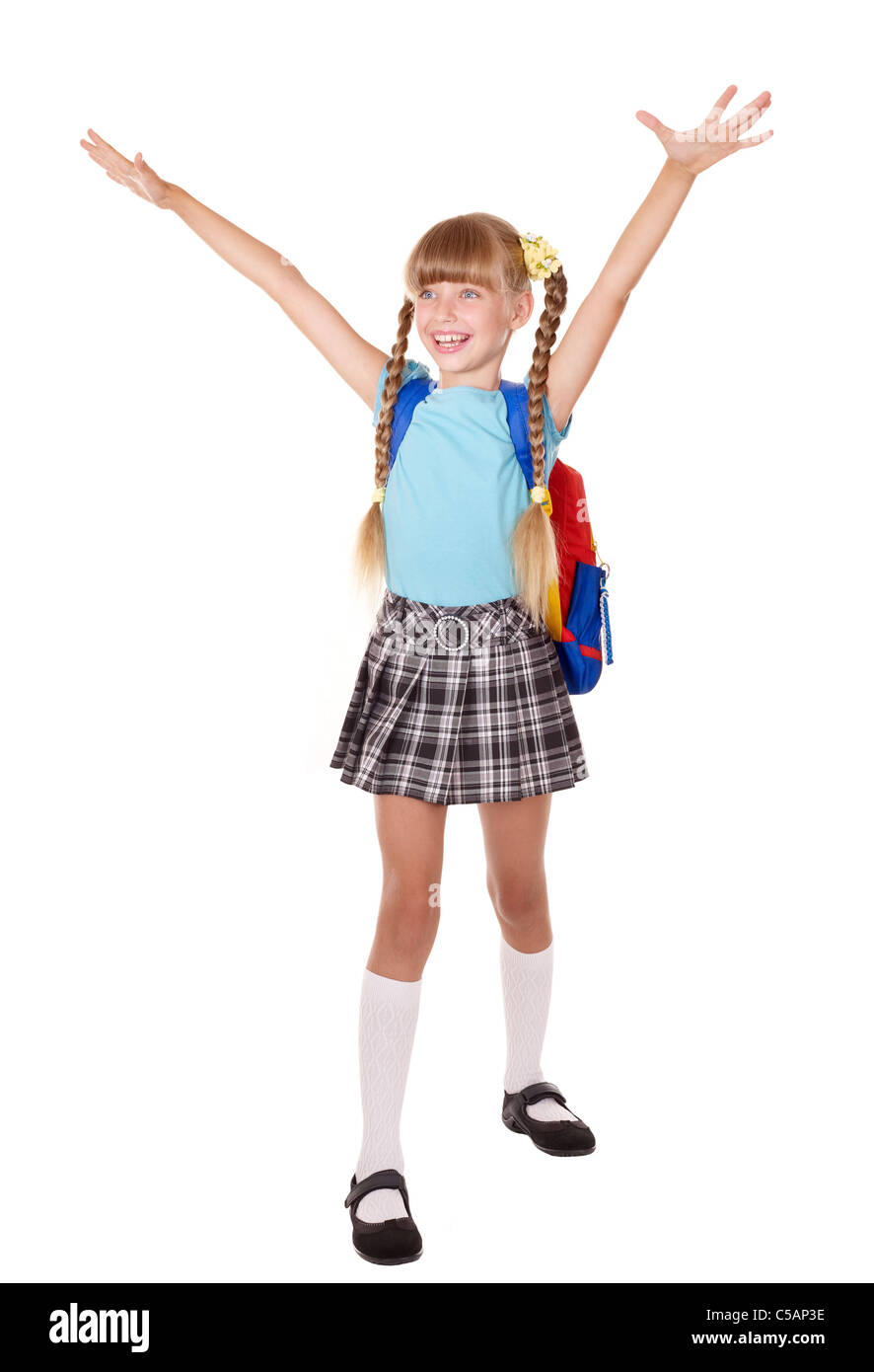 Schoolgirl with backpack holding stack of books Stock Photo - Alamy