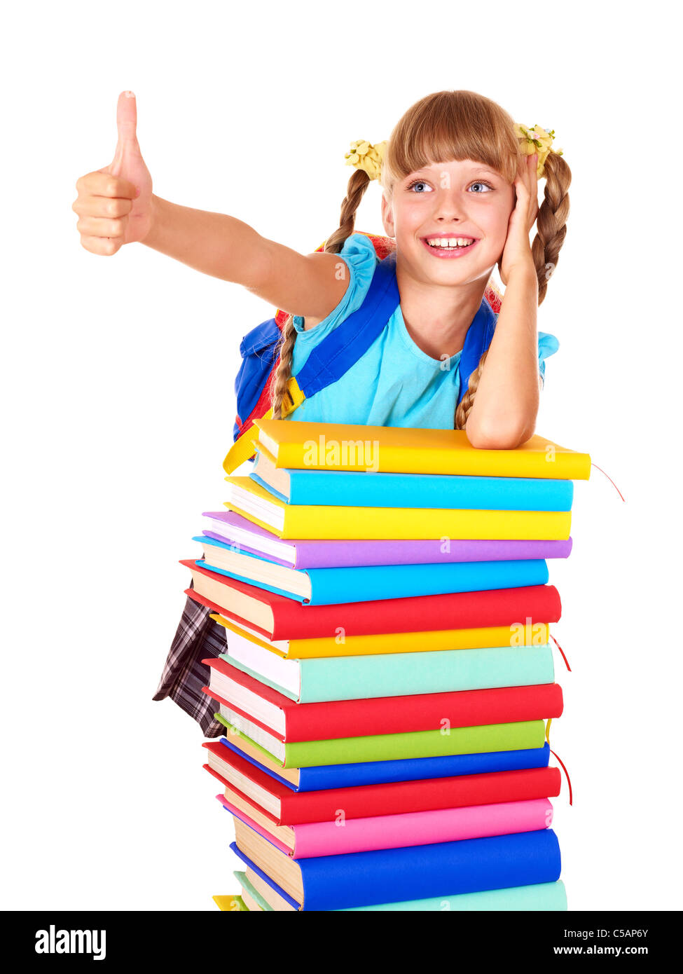 Schoolgirl with backpack holding stack of books. Isolated Stock Photo ...