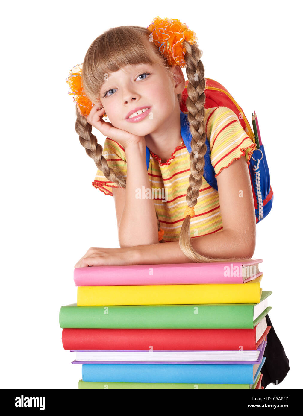 Schoolgirl with backpack holding stack of books Stock Photo - Alamy