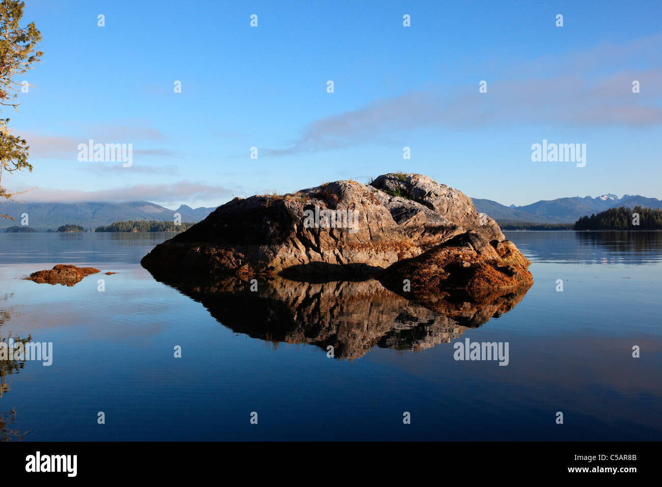 small island at low tide reflecting in the calm waters of the broken island group BC Canada Stock Photo