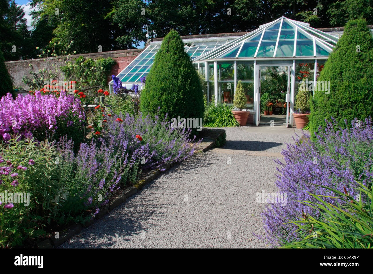 Colourful borders greenhouse threave gardens hires stock photography