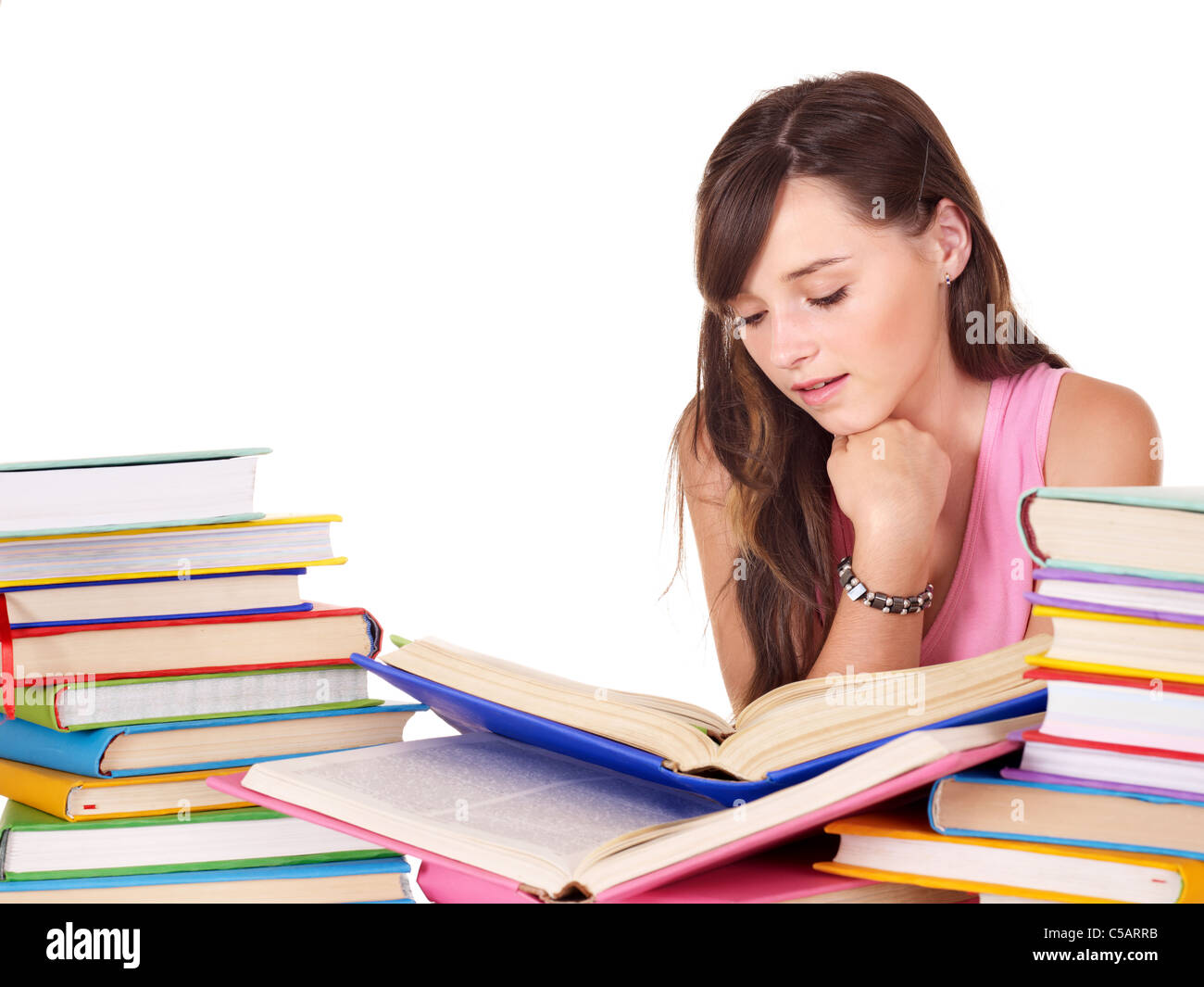 Girl with pile colored book Stock Photo - Alamy