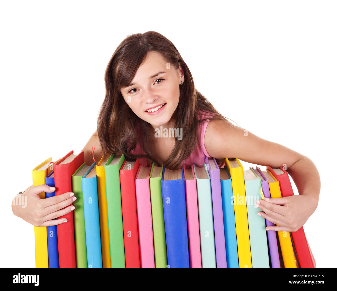 Girl with pile colored book Stock Photo - Alamy