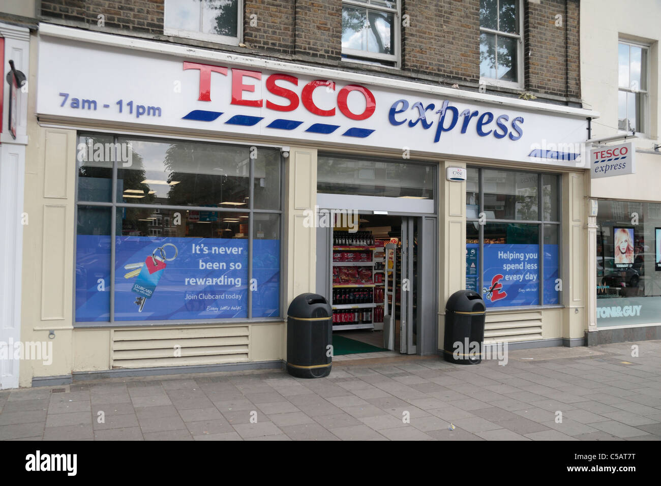 The entrance to the Tesco Express shop on Chiswick High Road, West London, England. Stock Photo