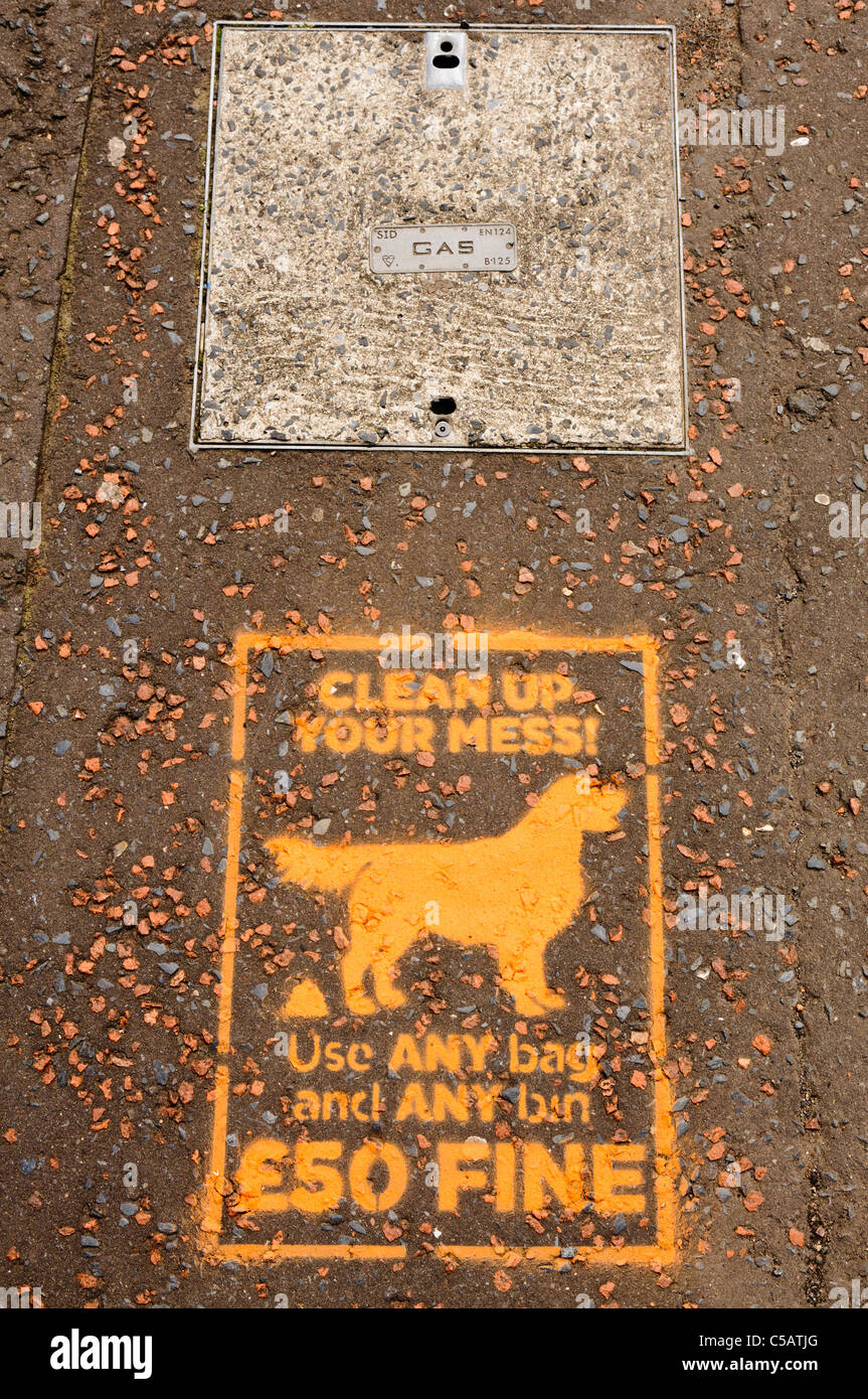 Stencil on pavement warning dog owners to clear up after their dogs or receive a £50 fine. Stock Photo