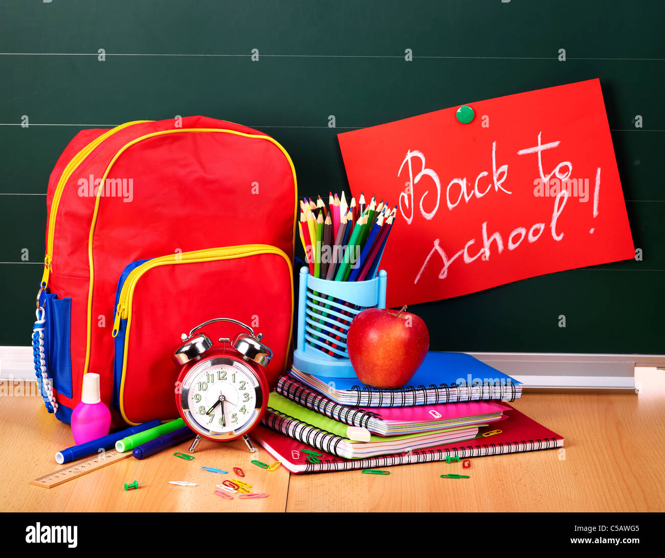 School office supplies. Blackboard Stock Photo Alamy