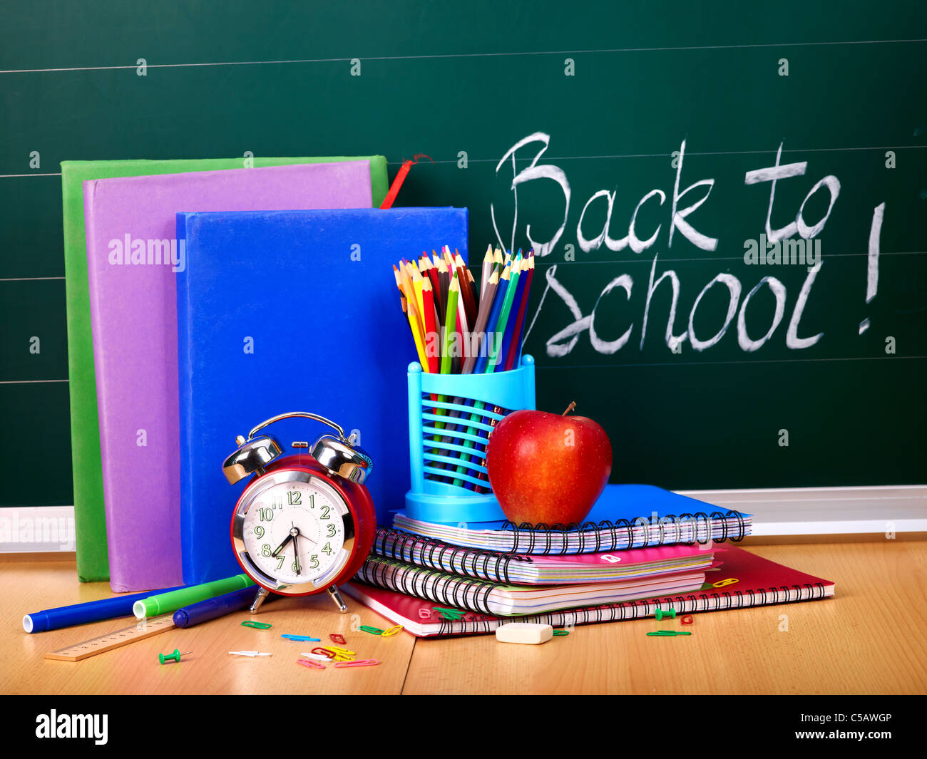 School office supplies. Blackboard Stock Photo Alamy