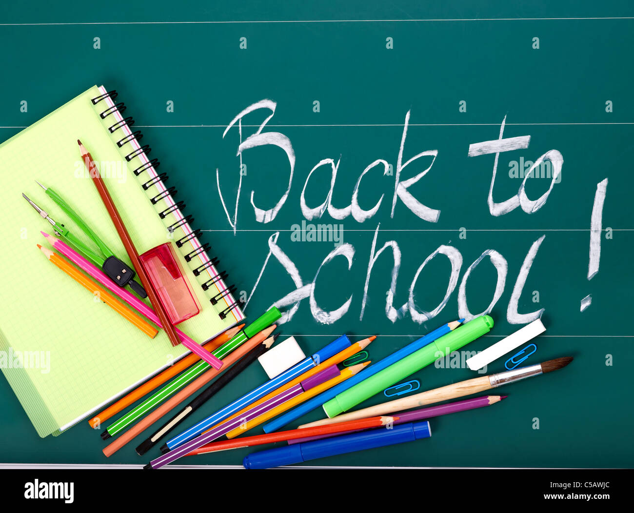 School office supplies. Blackboard Stock Photo Alamy