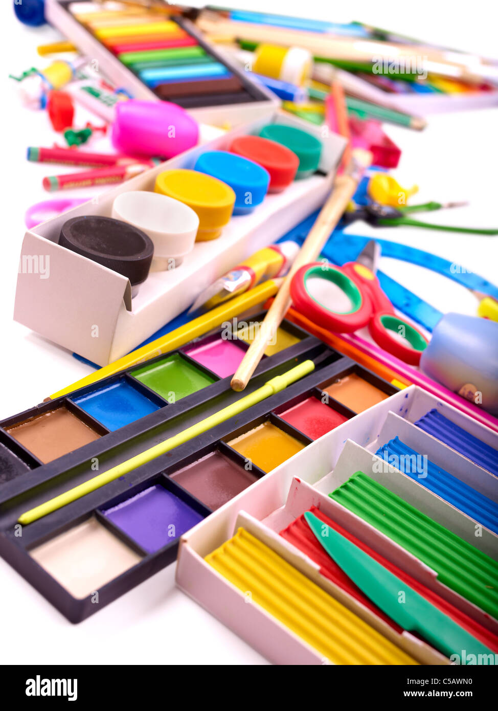 Close up of group art school supplies Stock Photo - Alamy