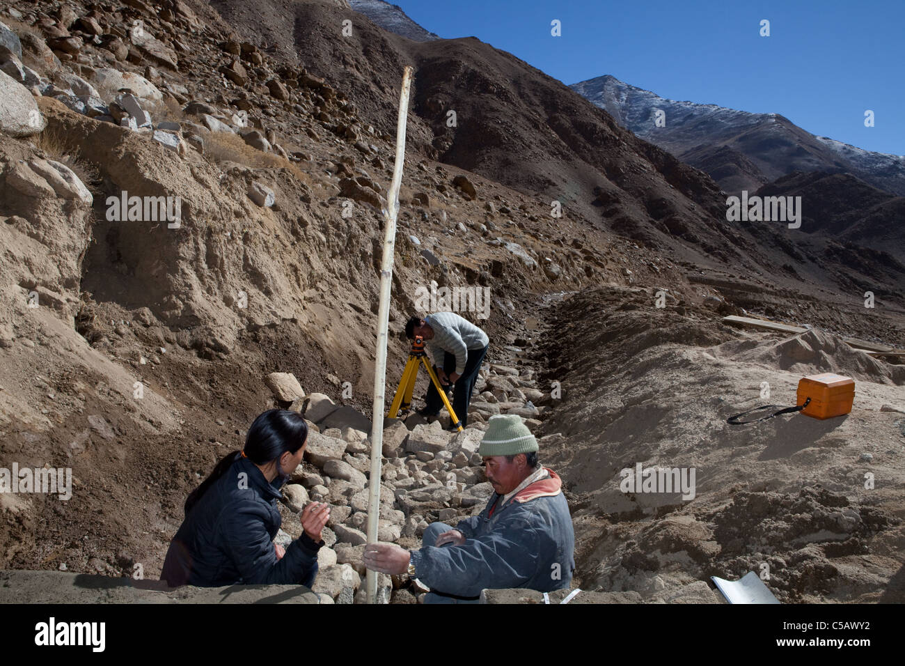 Mr Chewang Norphel at his artificial glacier project in Nang. He has 10 projects in the region to bring water to local villages. Stock Photo
