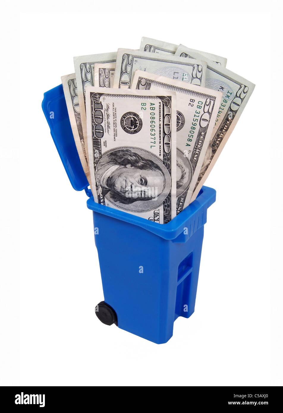 Recycling saves money shown by a recycling bin full of money path