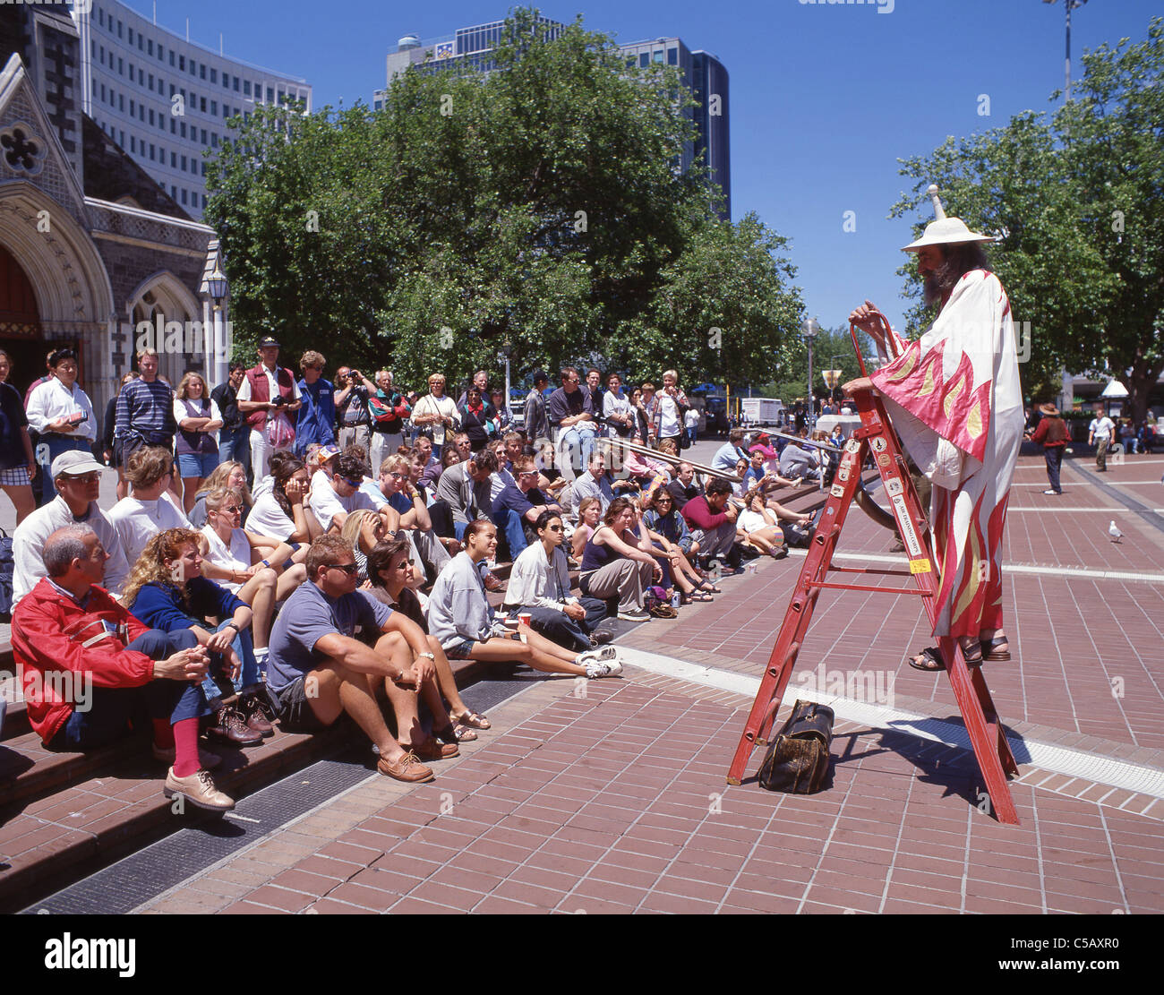 The 'Christchurch Wizard' giving a speech in Cathedral Square, Christchurch, Canterbury Region, South Island, New Zealand Stock Photo