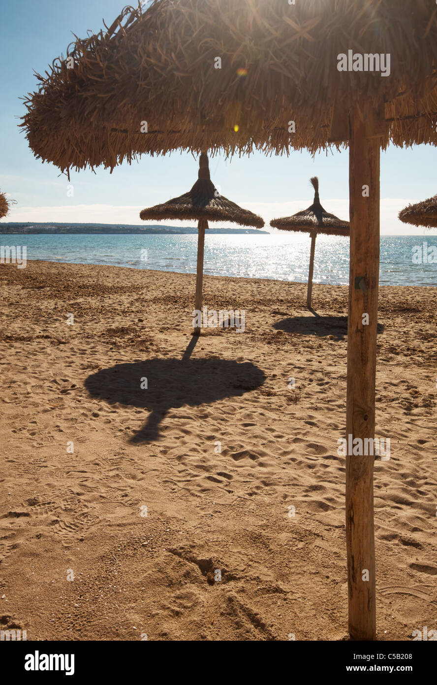 Empty beach with thatched beach umbrellas, Majorca, Balearic Islands