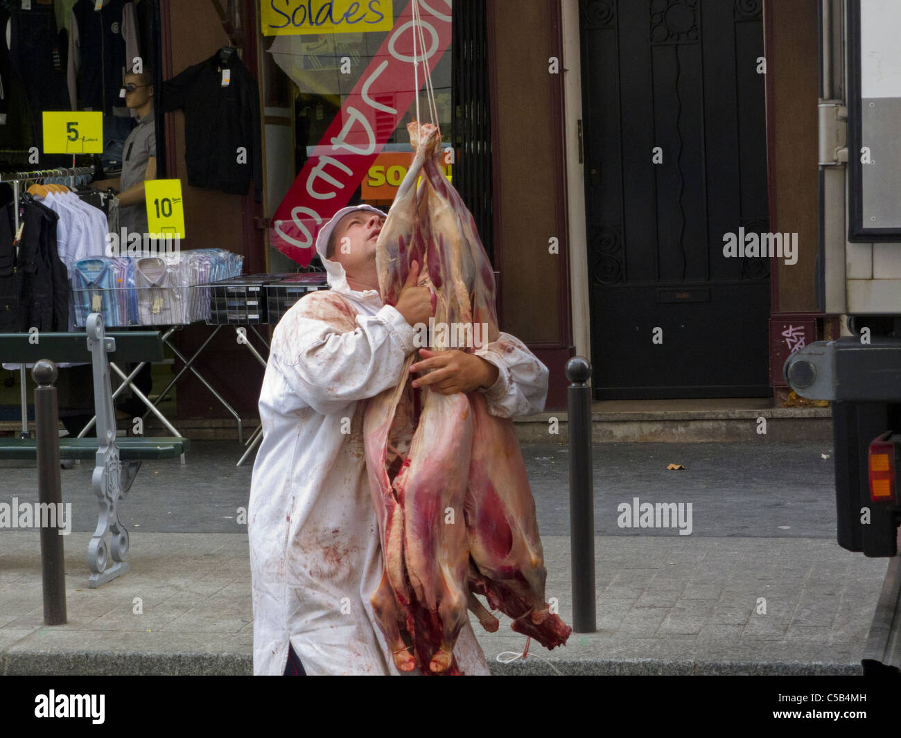 Paris, France, Arabian Butcher Shop, Truck Delivery of Meat Carcasses on Street Stock Photo
