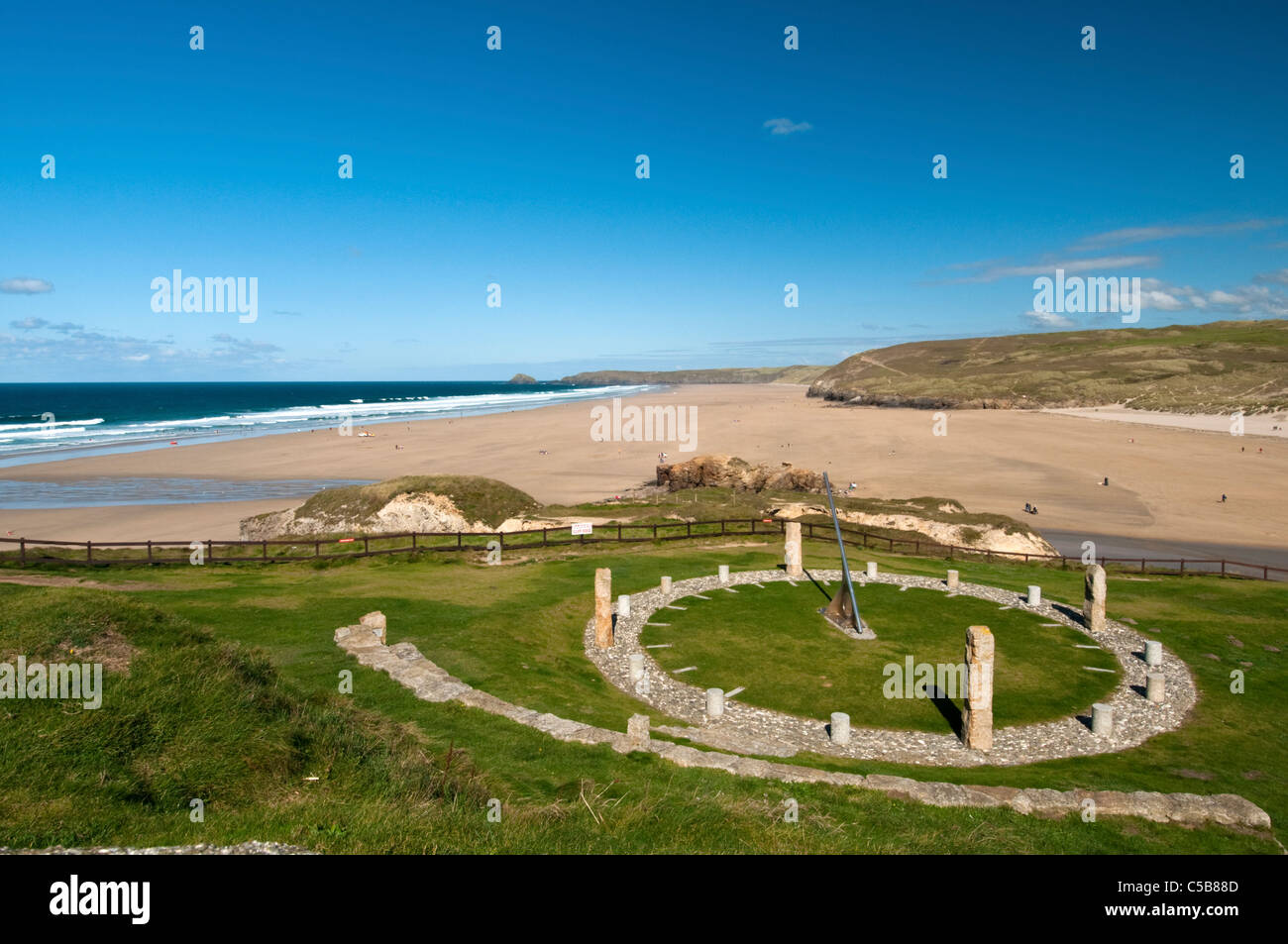 View across the millennium sundial at the surfing seaside resort of Perranporth, Cornwall, England. Stock Photo