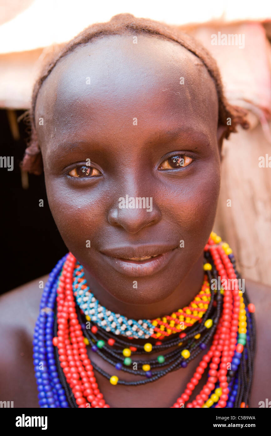 Portrait of a Galeb/Dassanech tribesperson at a village in the lower Omo Valley, Southern Ethiopia, Africa. Stock Photo