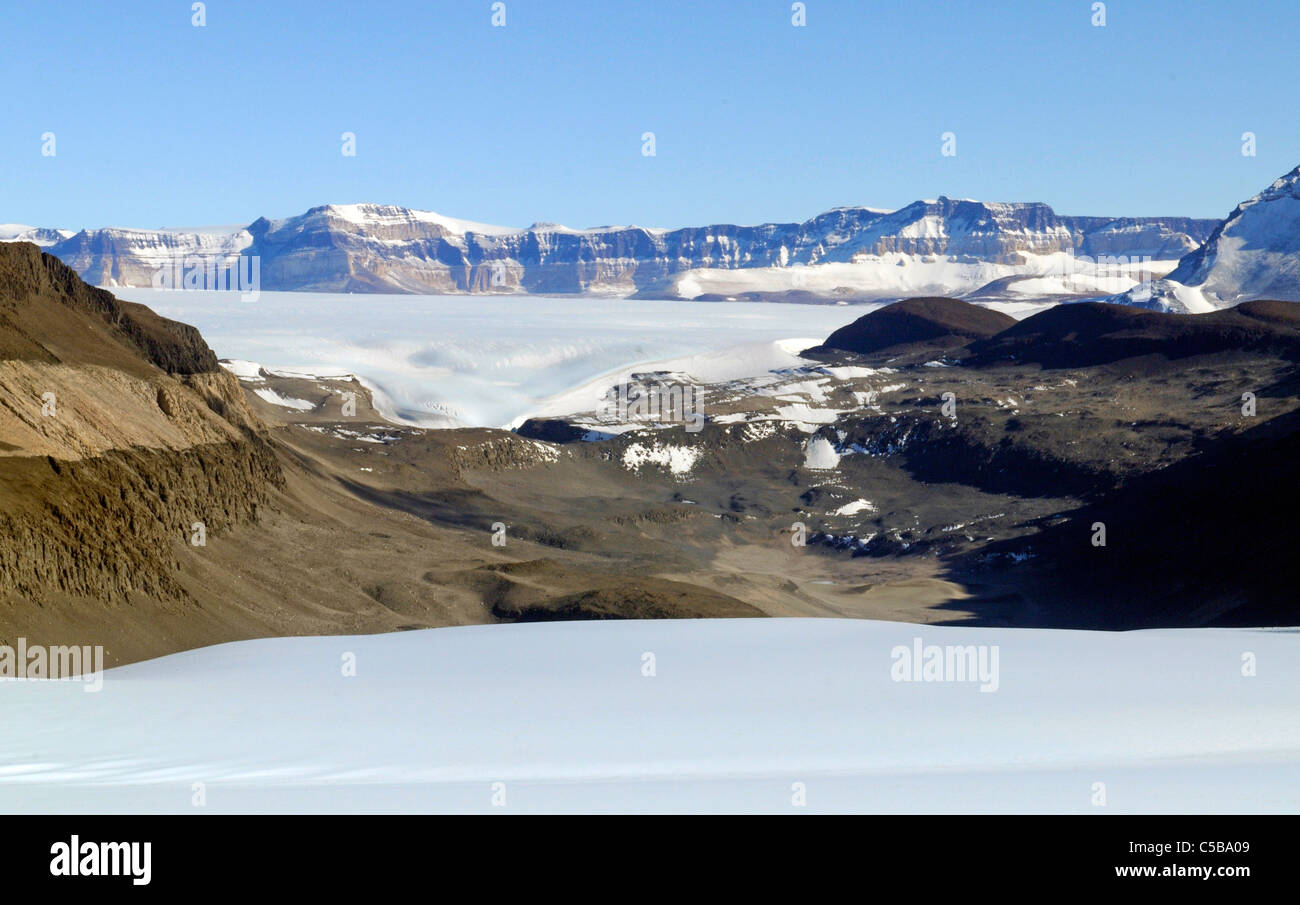 View from upper Taylor Glacier looking north towards the Inland Forts, Asgard Range, McMurdo Dry Valleys, Antarctica Stock Photo