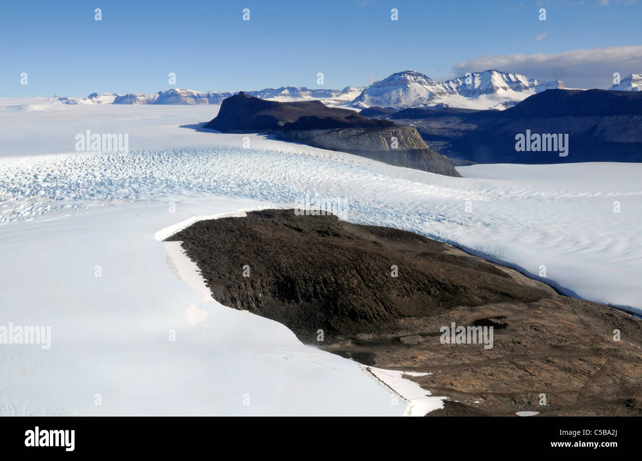 View from upper Taylor Glacier over Cavendish Rocks looking north towards the Asgard Range, McMurdo Dry Valleys, Antarctica Stock Photo