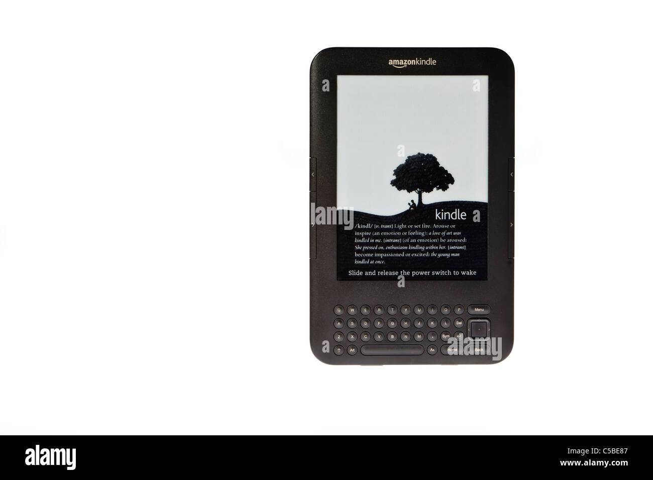 Amazon Kindle e-reader with keyboard against a pure white background.  Landscape format Stock Photo