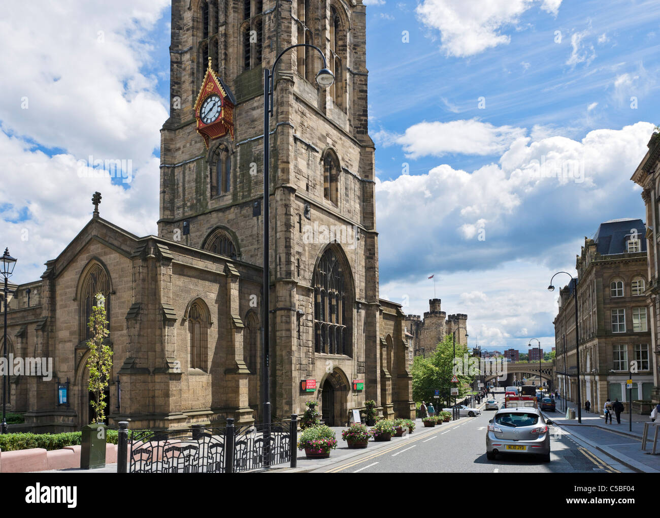 The Cathedral Church of St Nicholas and view down St Nicholas Street towards the Castle, Newcastle upon Tyne, Tyne and Wear, UK Stock Photo