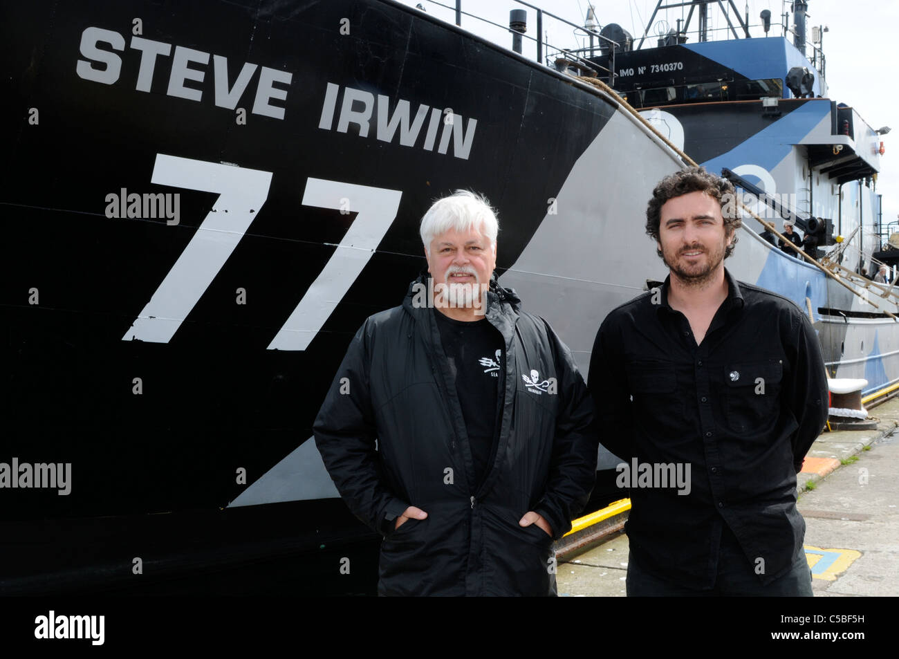 Sea Shepherd vessels Brigitte Bardot and Steve Irwin in Lerwick Shetland with skipper paul Watson and Locky Maclean Stock Photo
