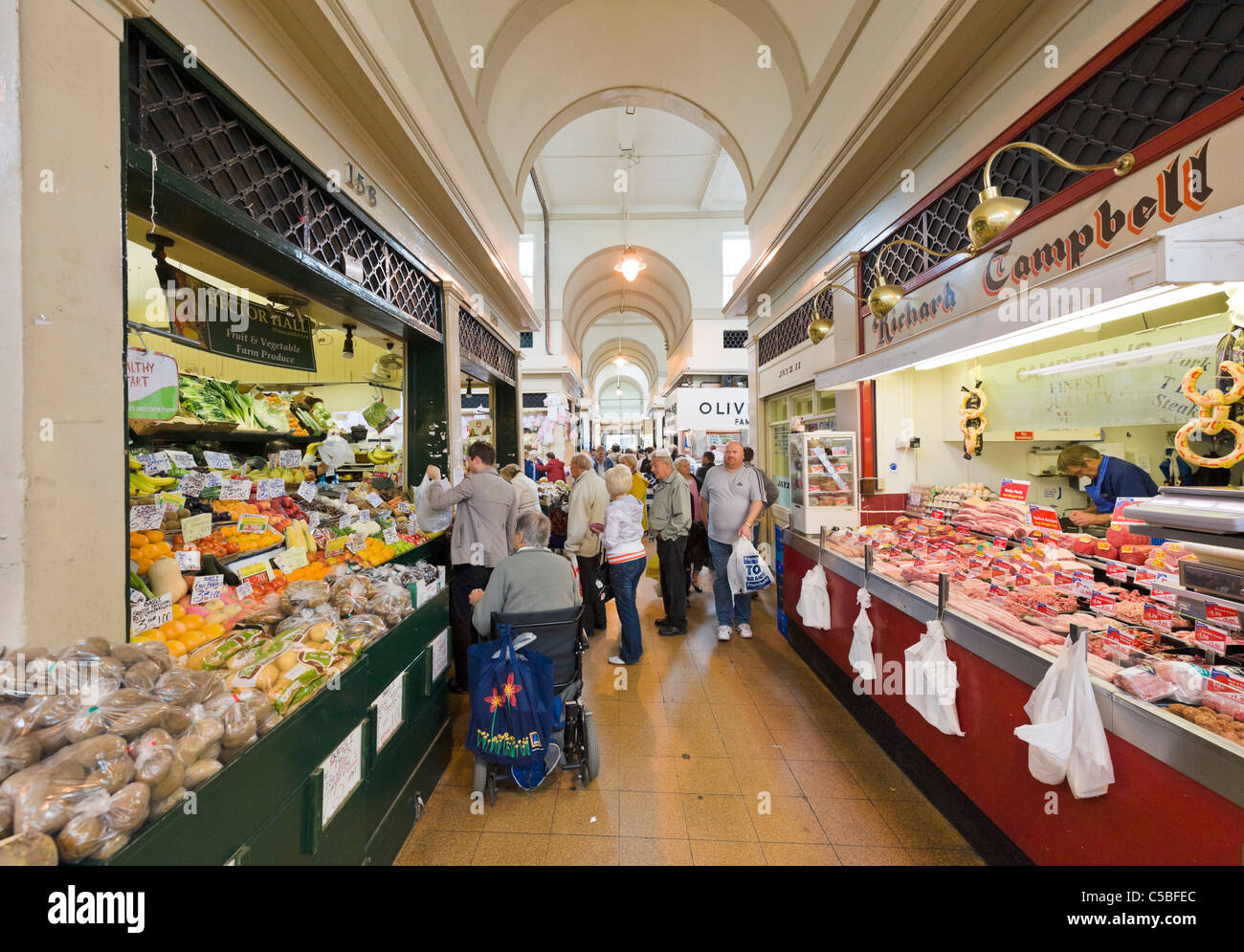 Butchers and greengrocers stalls in the historic Grainger Market, Grainger Town, Newcastle upon Tyne, Tyne and Wear, UK Stock Photo