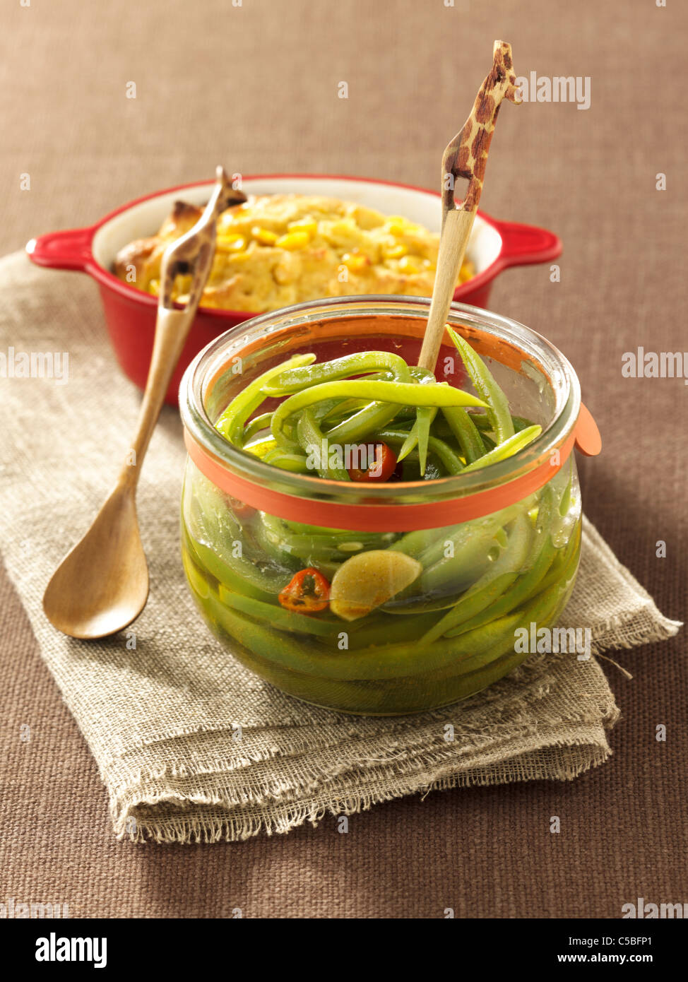 Spicy green beans with mealie bread Stock Photo Alamy