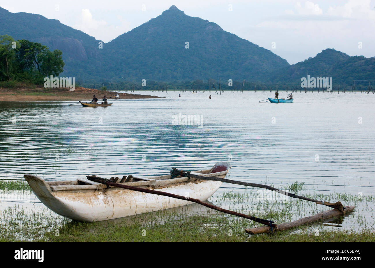 A traditional fishing boat on the shore of Kandalama lake. Sri Lanka. Stock Photo