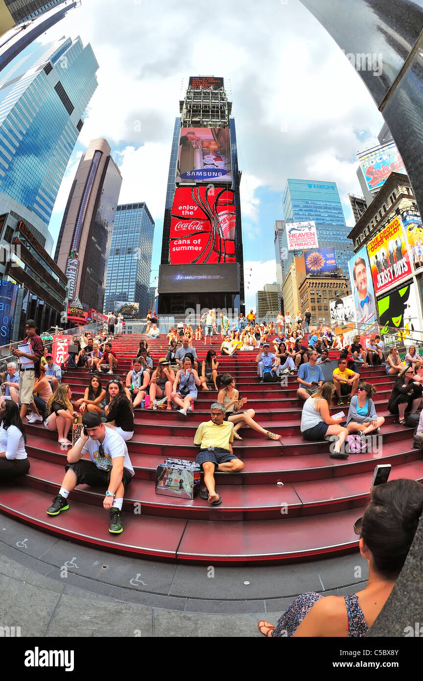 Times Square Famous Big Red Stairway Tkts Stairs Duffy Square Signs Tourists Sitting On