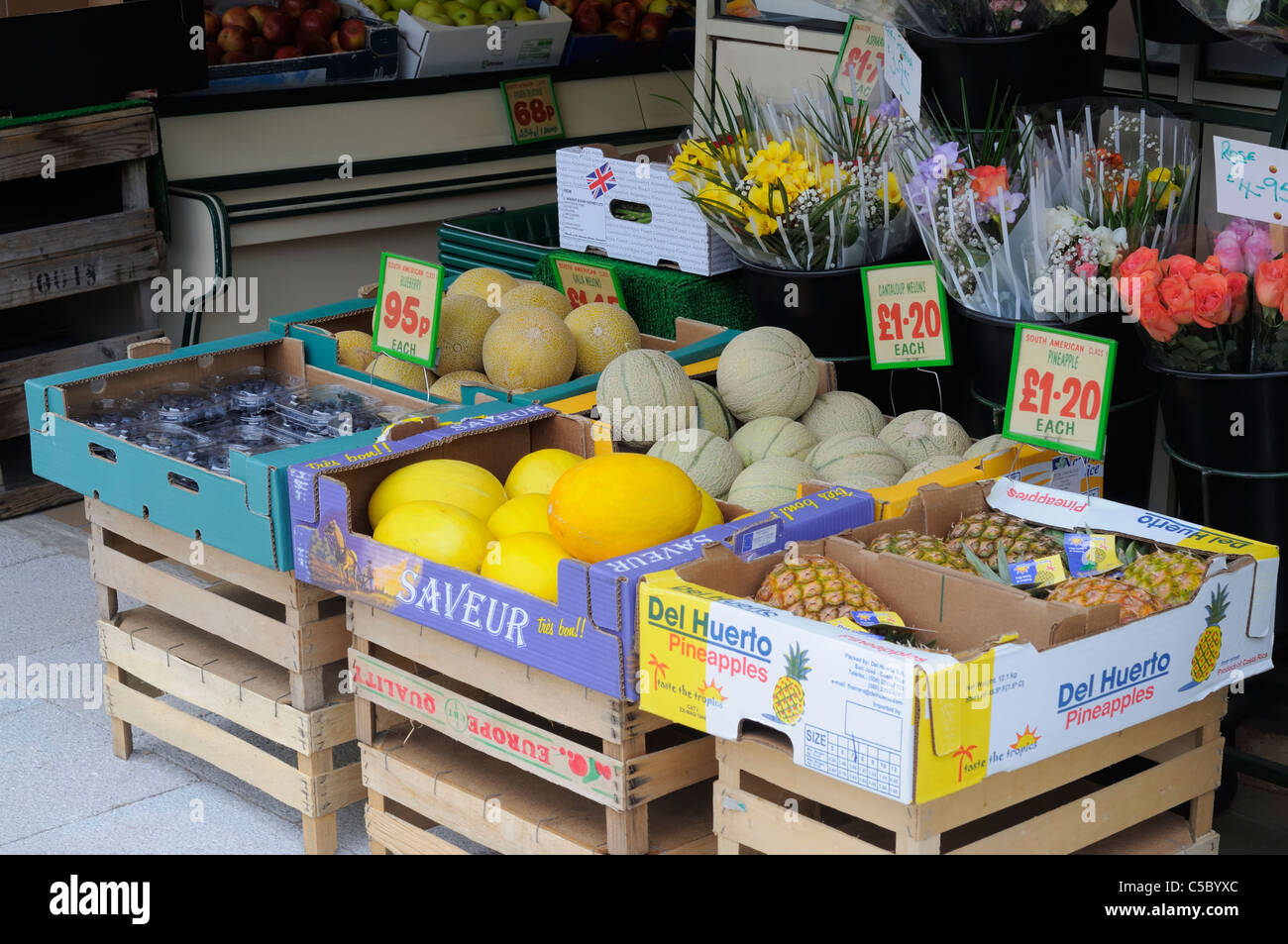 Display Of Fruit At A High Street Greengrocer's Shop In Bramhall