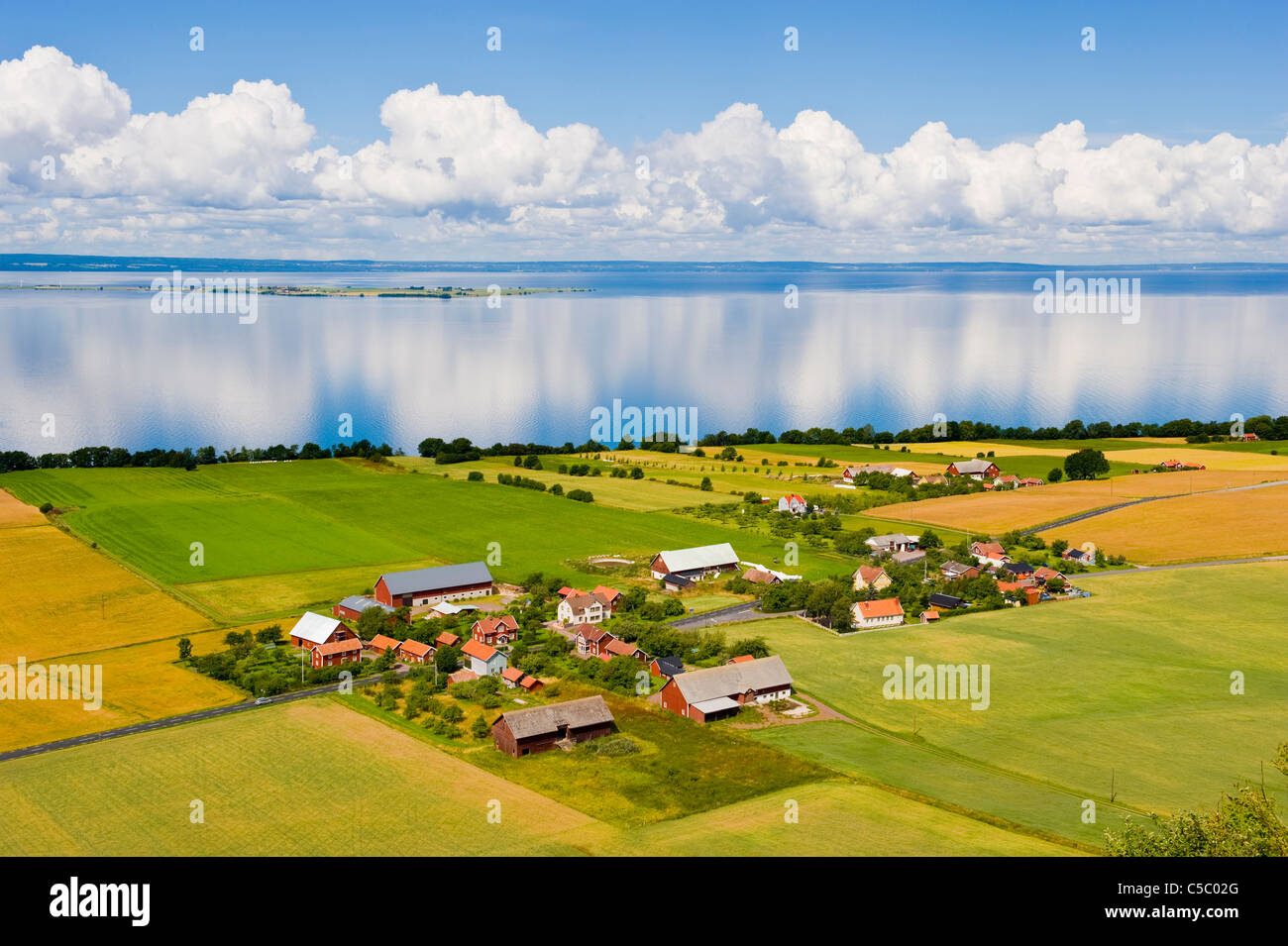 High angle view of farms and country houses at Granna by Vattern lake Stock Photo