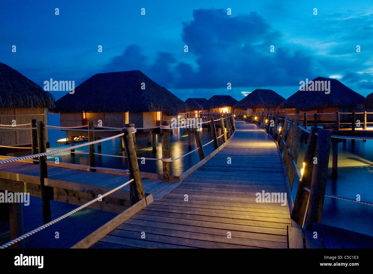 Le Taha'a Island Resort over water bungaloos, Bora Bora. Stock Photo