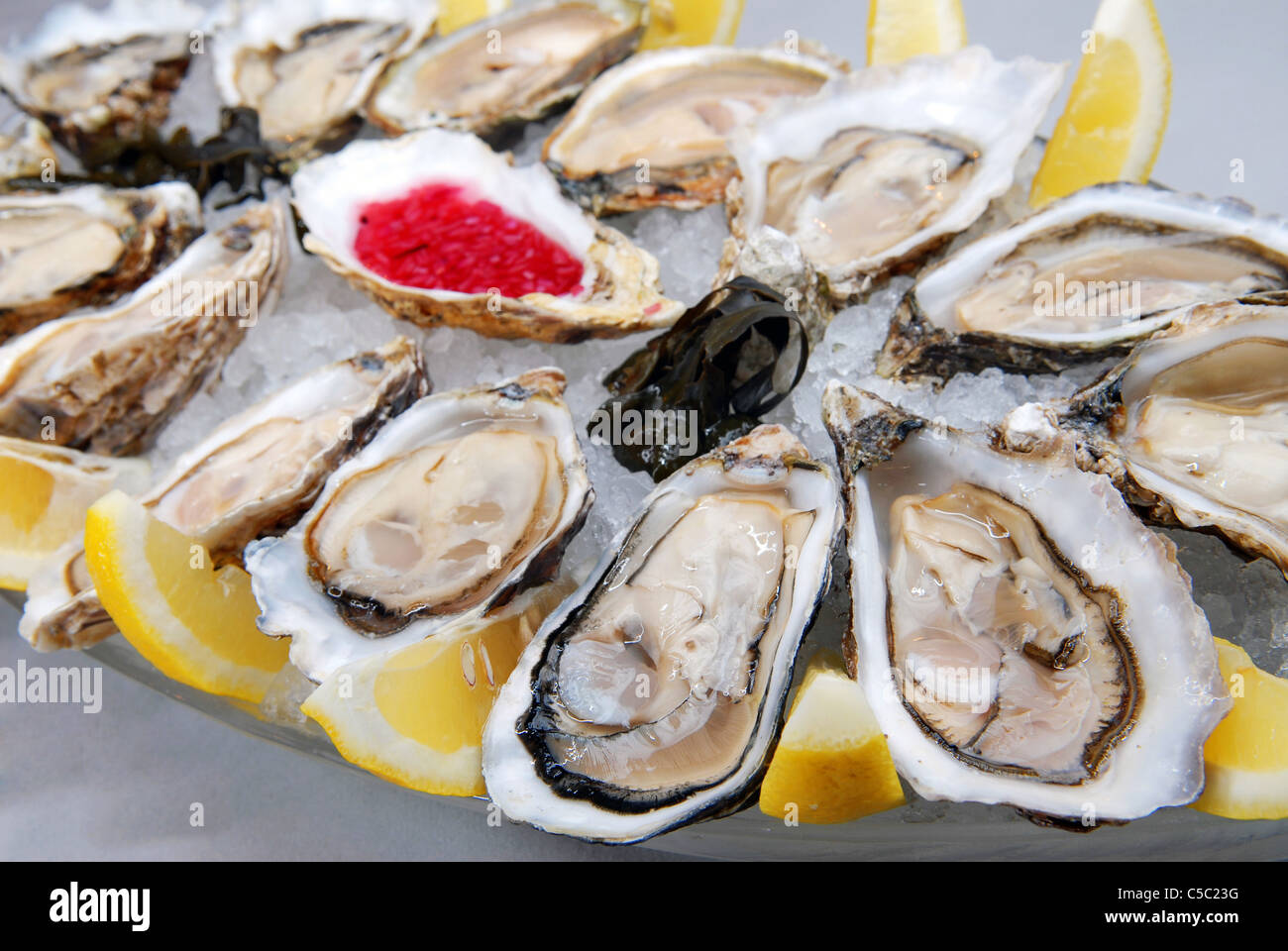 Oysters in ice with a lemon and sauce Stock Photo